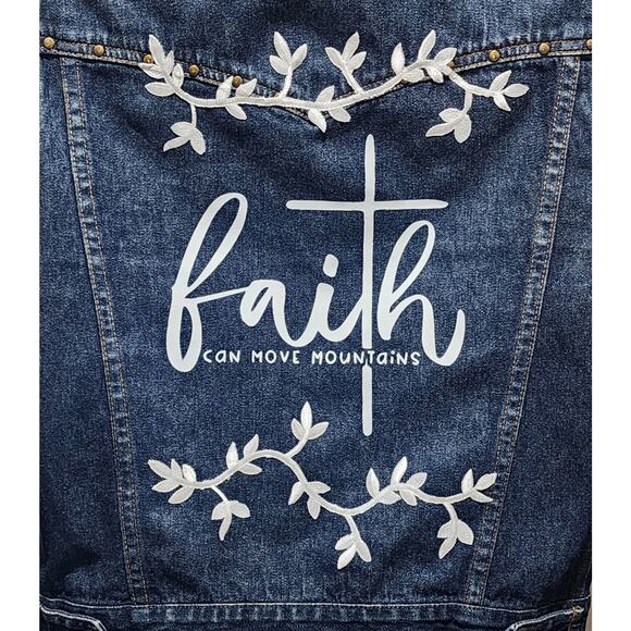 Faith Can Move Mountains Custom Floral Upcycled Denim Jacket W/Stud Details, L - Picture 3 of 7